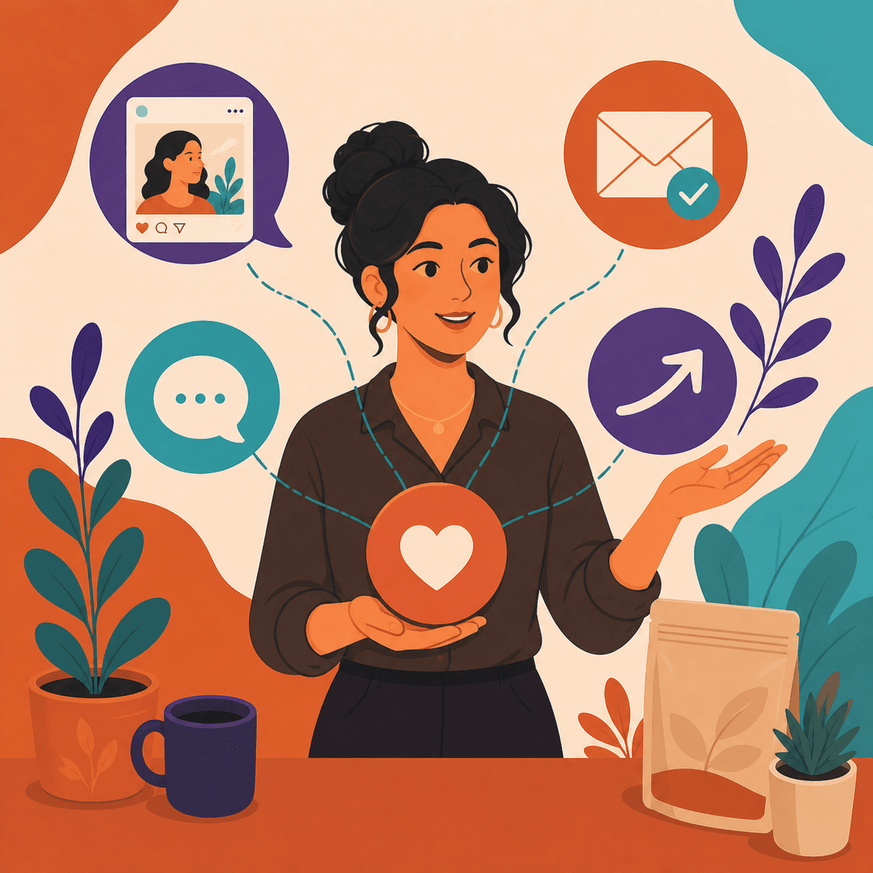 An illustrated wellness business owner planning one educational offer across social, email, support and campaigns.