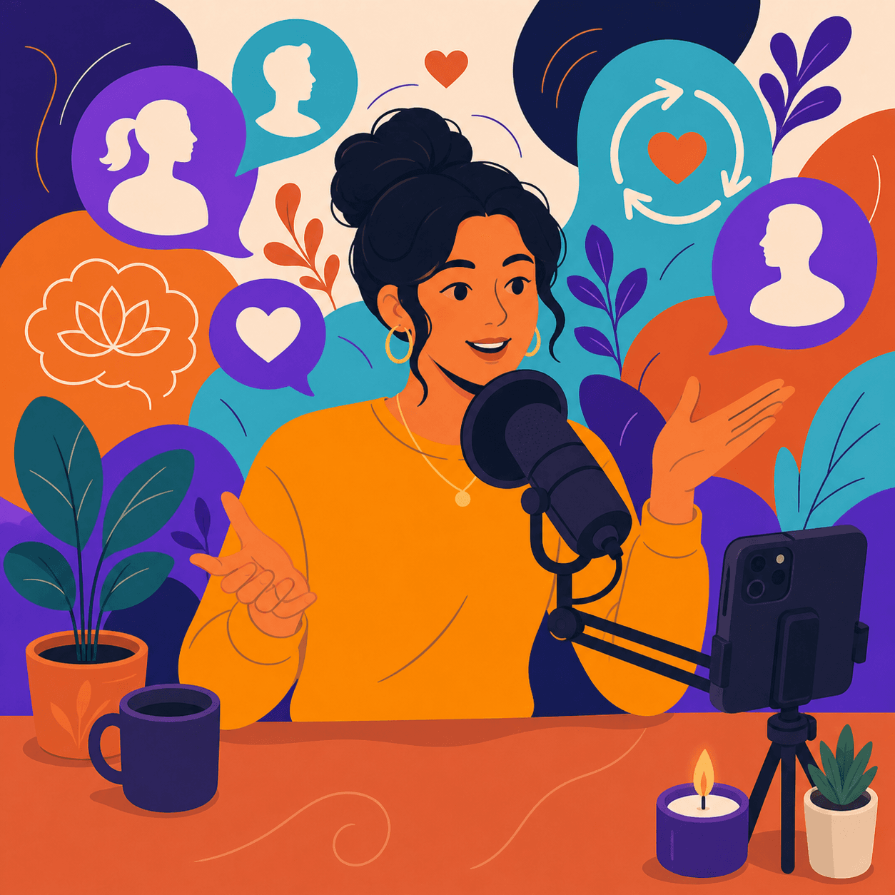 An illustrated wellness creator recording educational content and connecting with their audience.