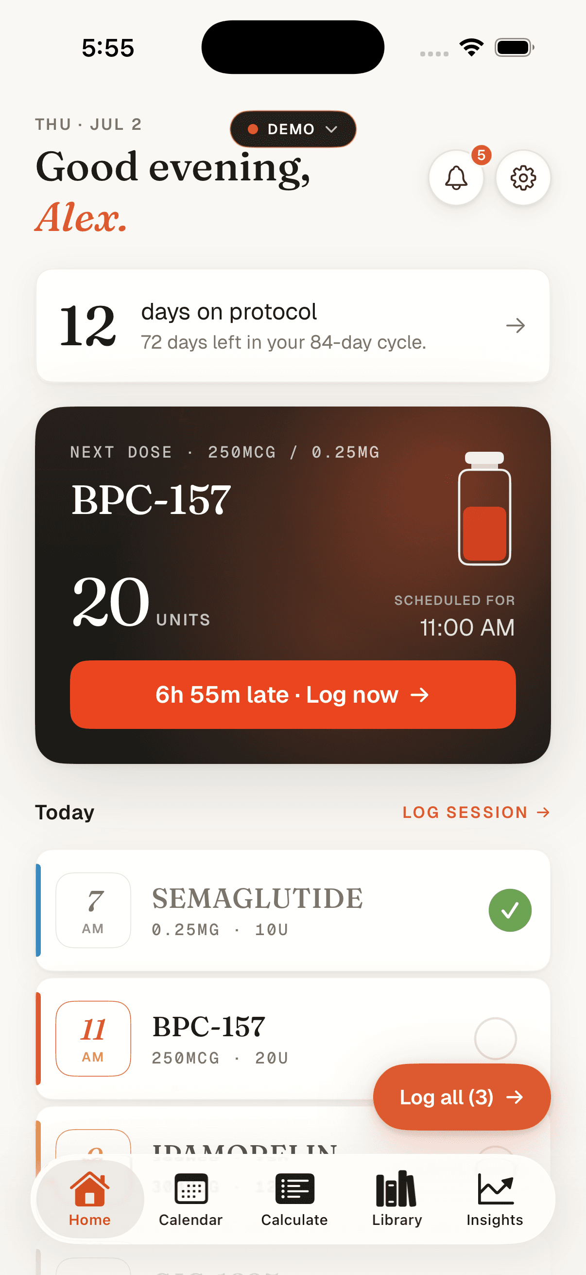 Peptmate home screen showing today's protocol